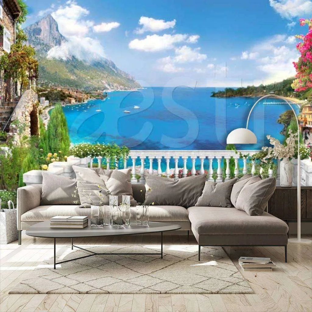 Фотообои в интерьере вид с балкона на морской пейзаж  11-080 фото