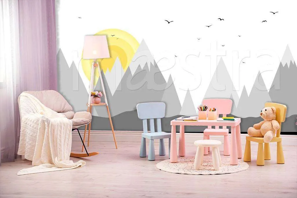 Фотообои в интерьере горы серые с солнцем  12-441 фото