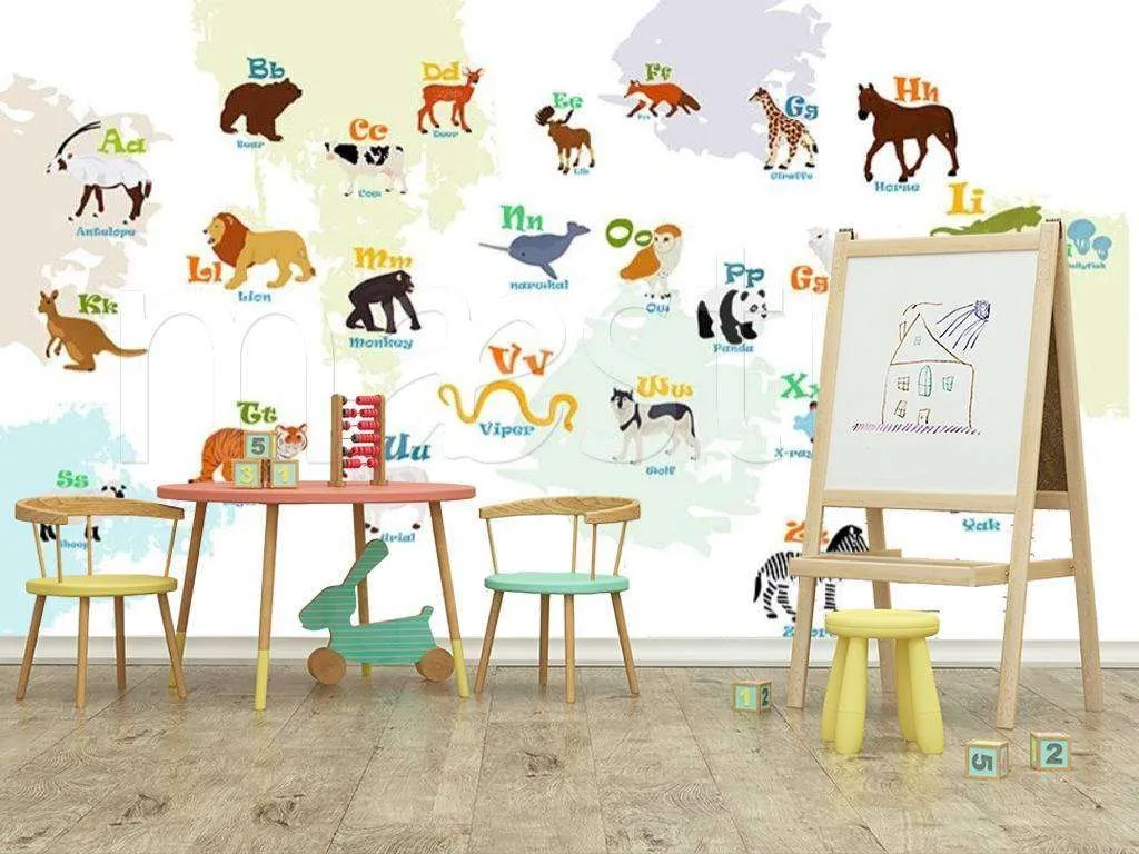 Фотообои в интерьере детская карта мира с животными  15-106 фото