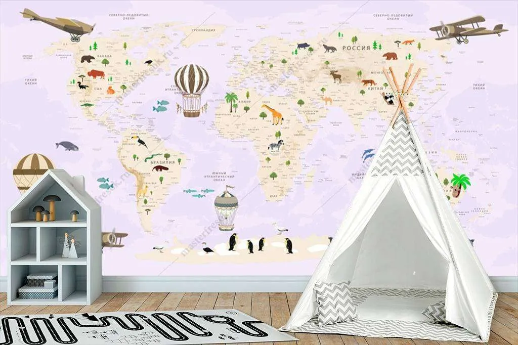Фотообои в интерьере карта мира на русском сиреневая  12-972 фото