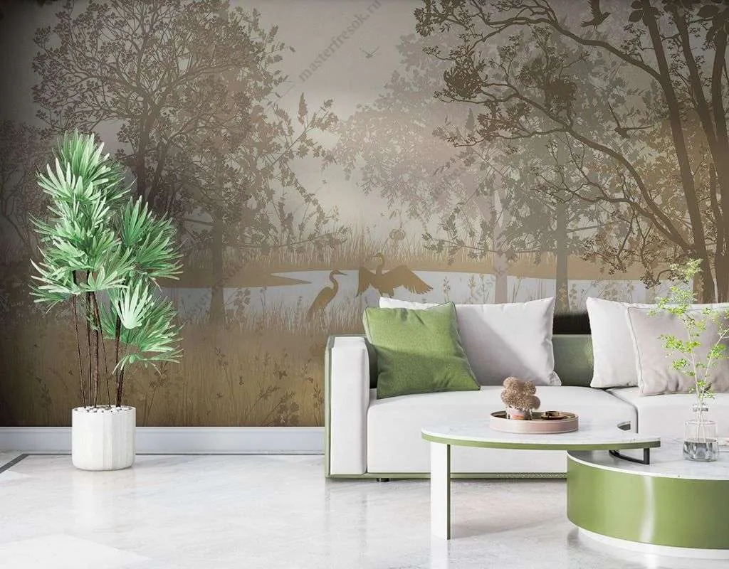 Фотообои в интерьере лес в бежевых оттенках  9-1633 фото