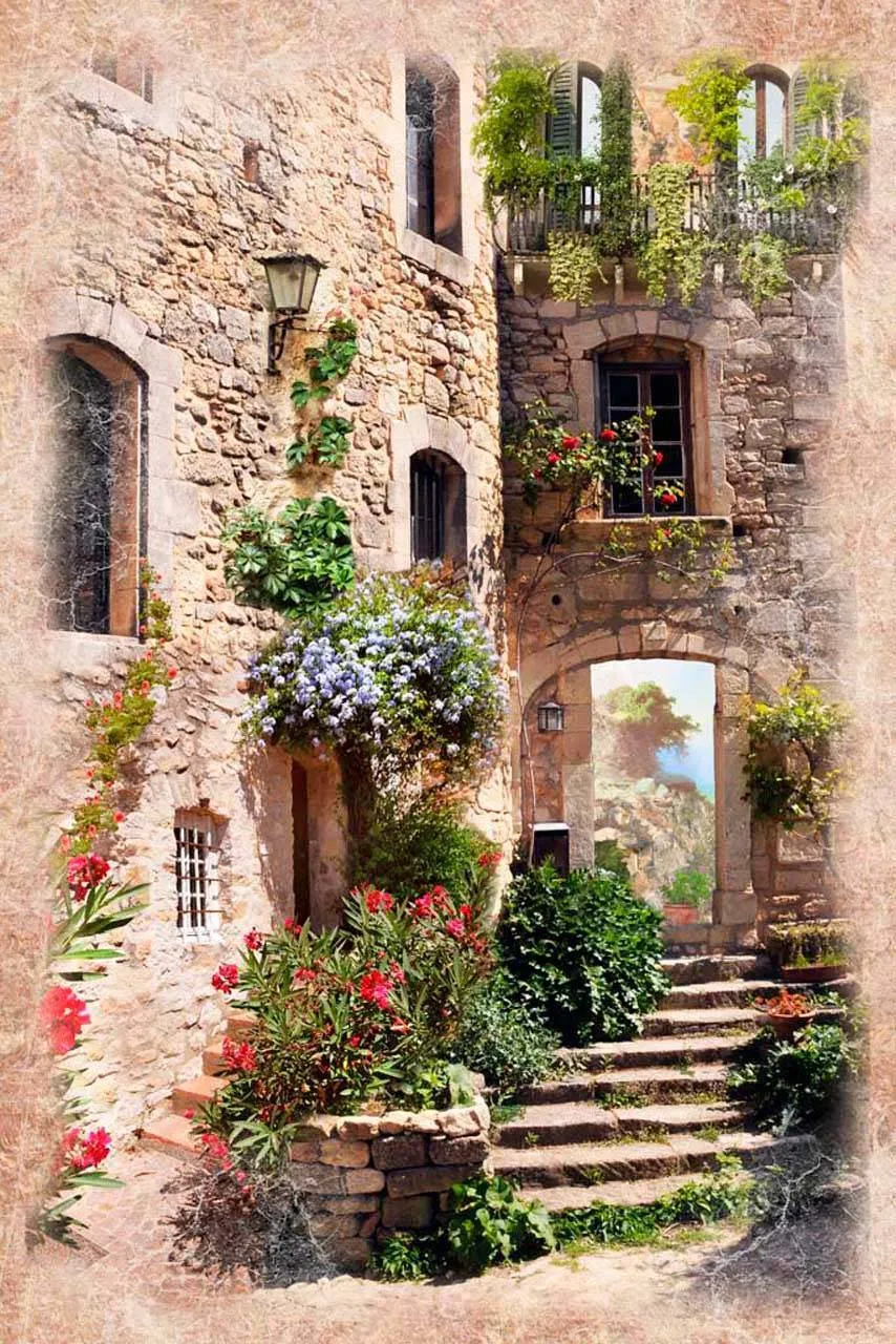 Фотообои в интерьере старинная улочка в цветах  5-070 фото