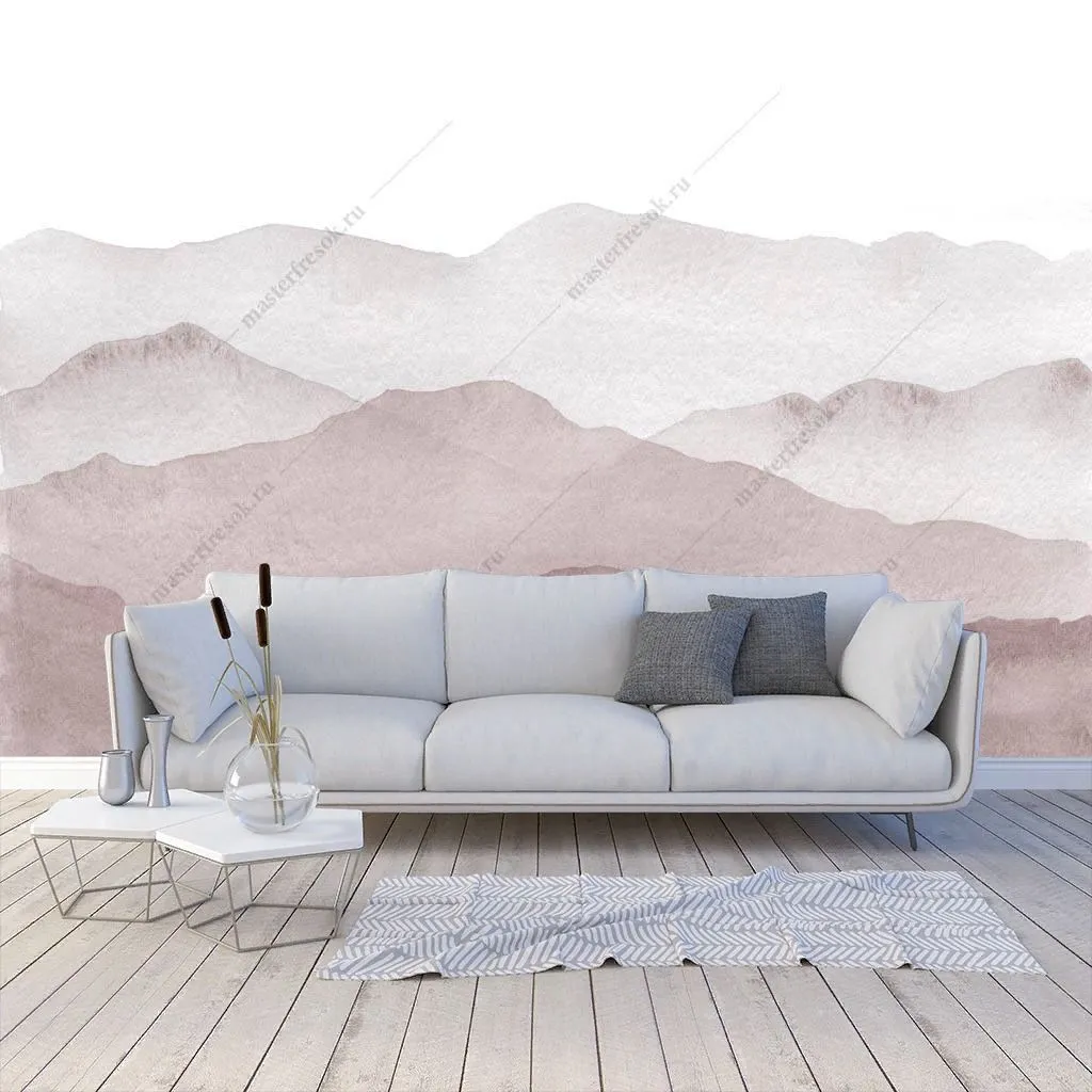 Фотообои в интерьере розовые холмы в тумане  9-1375 фото