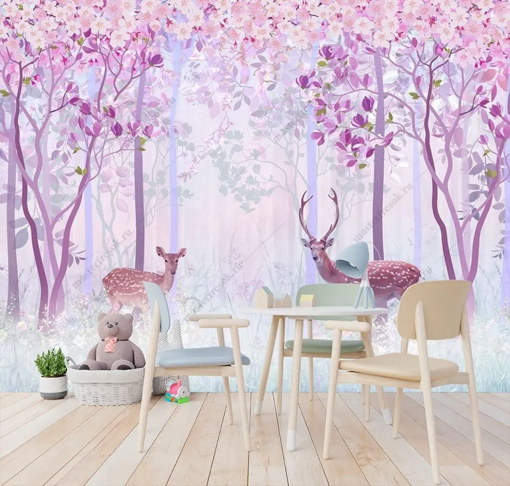 Фотообои Розовый лес с оленем  12-1484