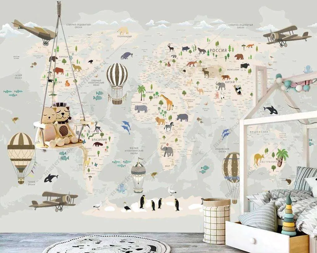 Фотообои в интерьере карта мира с морскими жителями  12-1187 фото