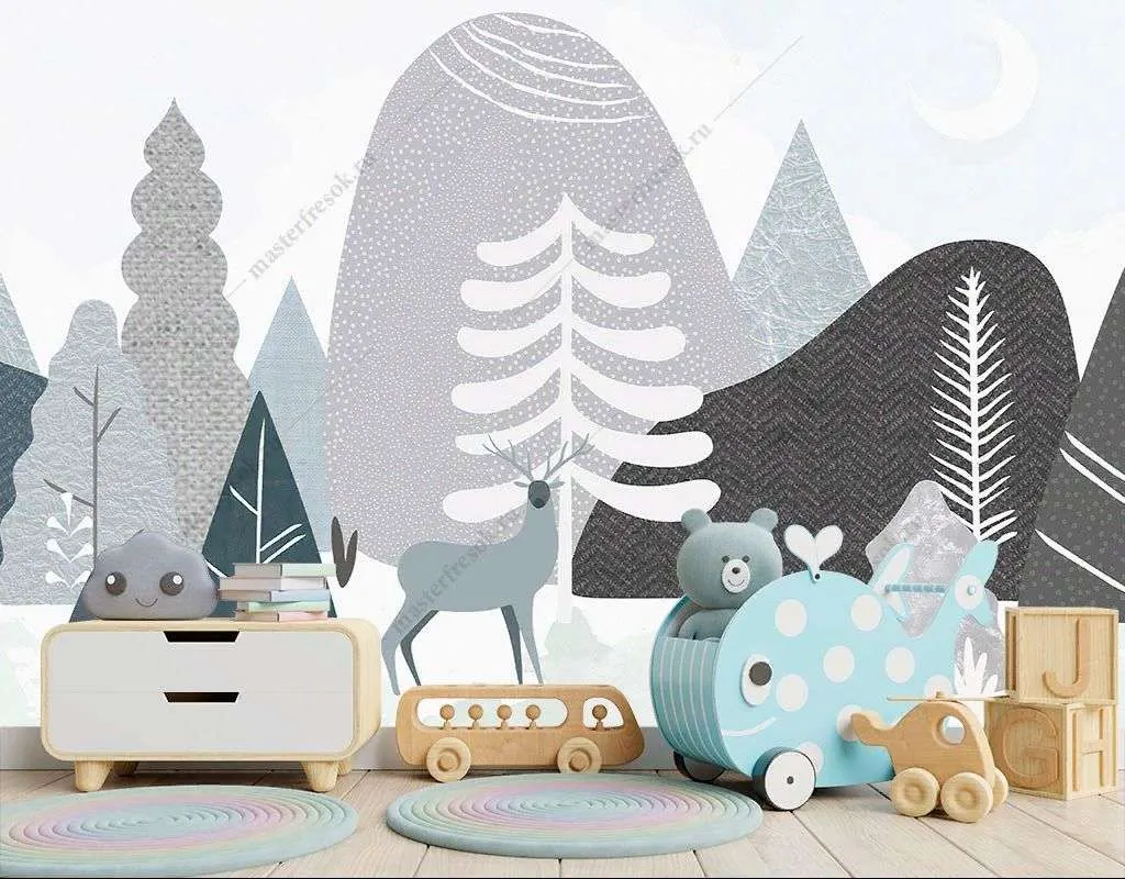 Фотообои в интерьере черно-белый сканди лес  14-515 фото