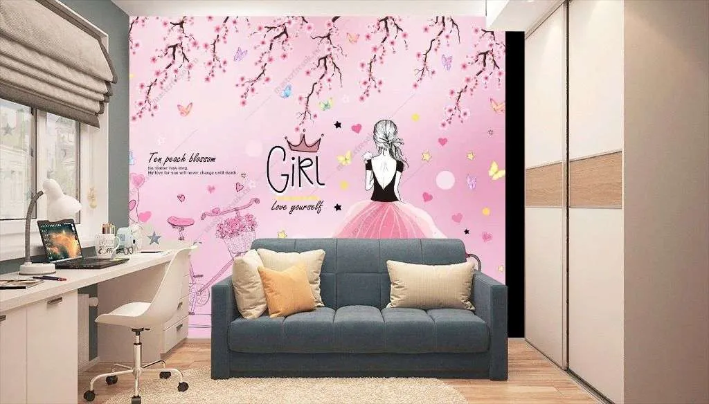 Фотообои в интерьере девочка с велосипедом на розовом фоне  14-273 фото