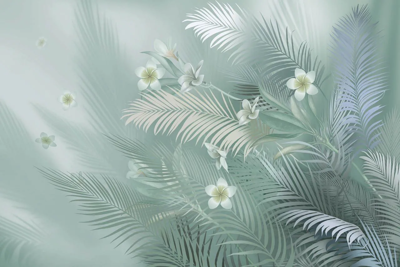 Фотообои в интерьере в гостиную нежные веточки с цветами   13-678 фото