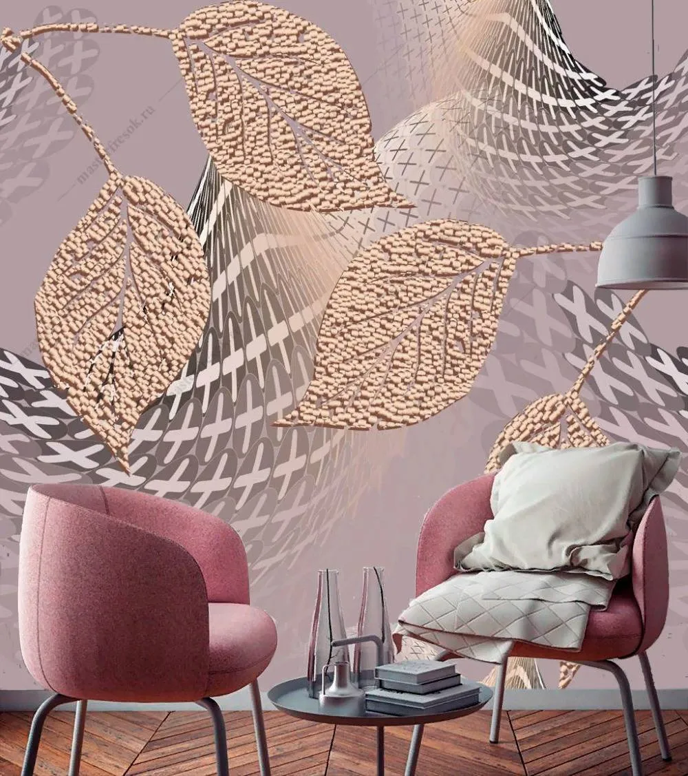 Фотообои в интерьере 3д золотые листья  10-834 фото