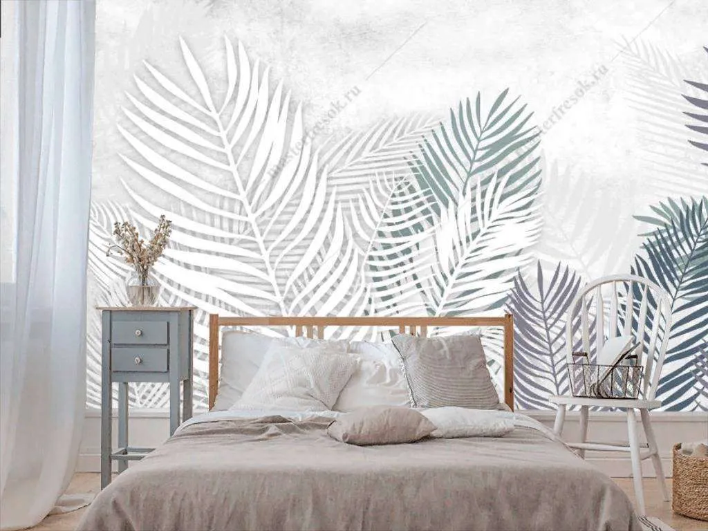 Фотообои в интерьере пальмовые листья на белом фоне  9-1196 фото