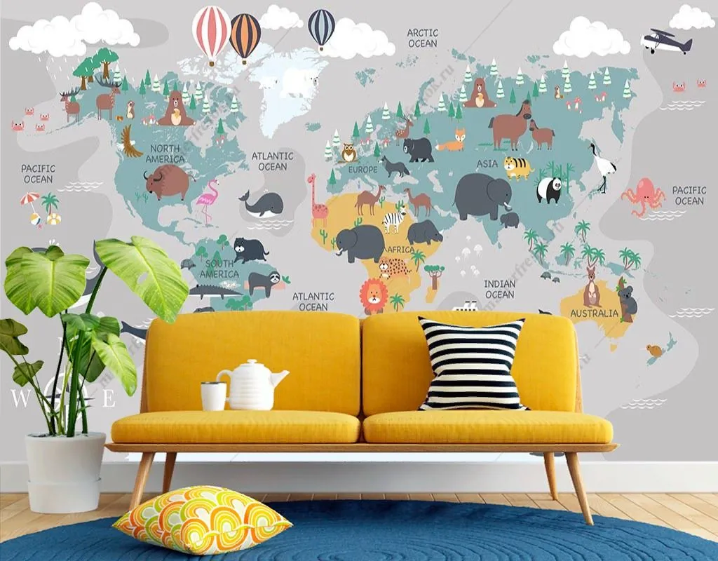 Фотообои в интерьере карта с морскими животными  14-558 фото