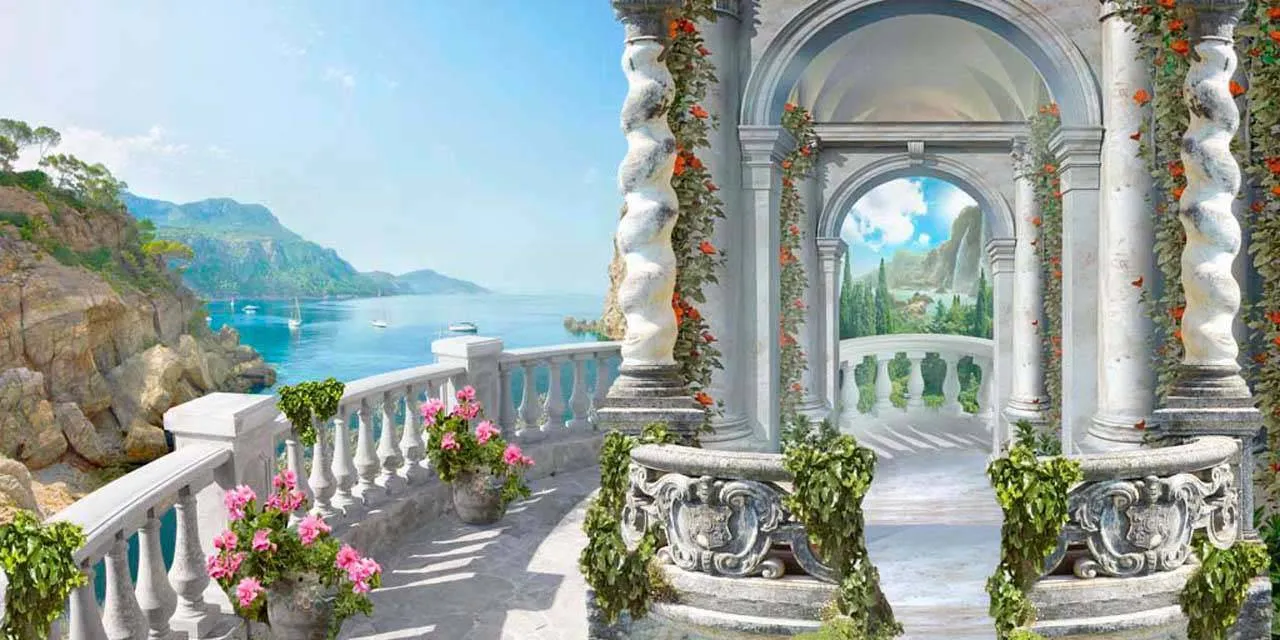 Фотообои в интерьере вид на старинную арку в заливе  5-024 фото