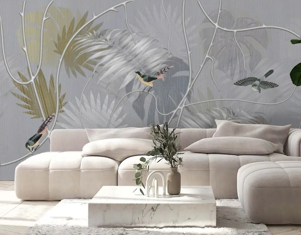 Фотообои в интерьере птицы в листьях  13-743 фото
