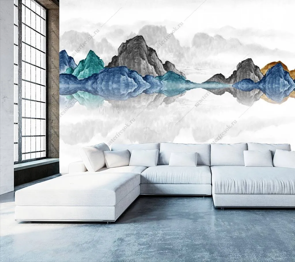 Фотообои в интерьере горы в тумане синие  10-693 фото