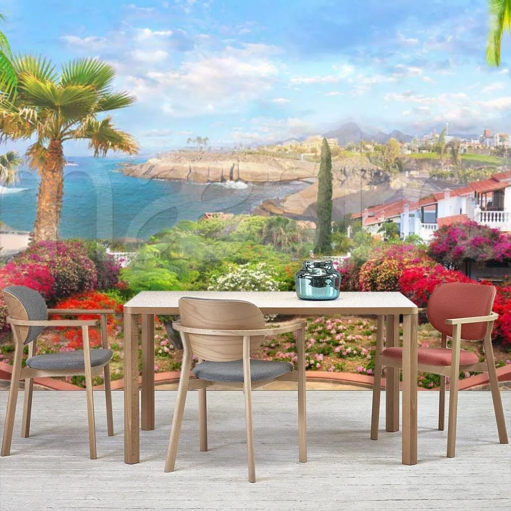 Фотообои в интерьере терраса в цветах с видом на море  7-009 фото