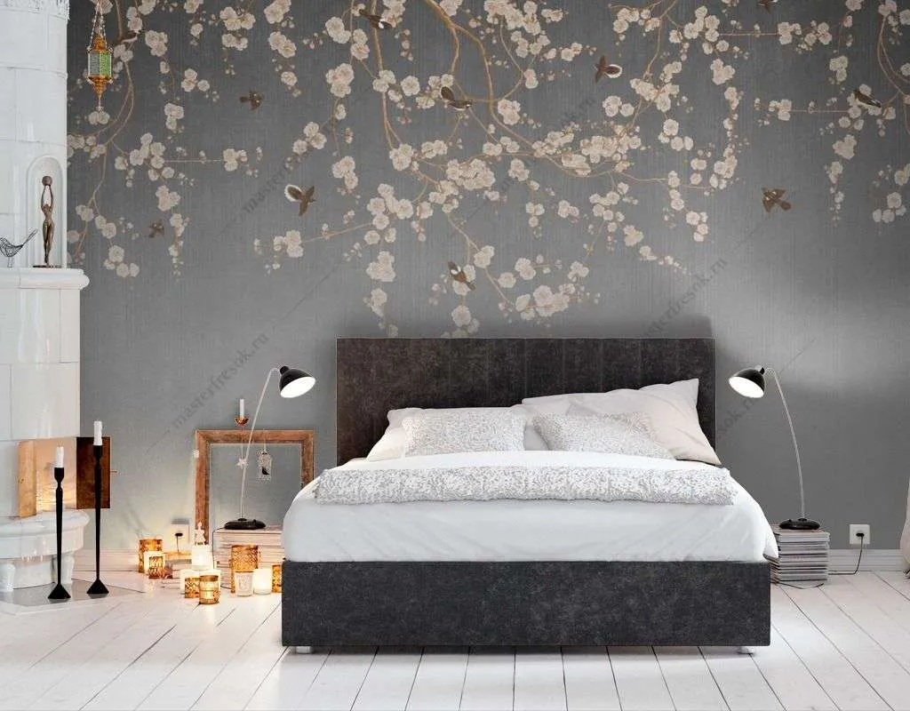 Фотообои в интерьере веточка сакуры и птицы  9-1481 фото