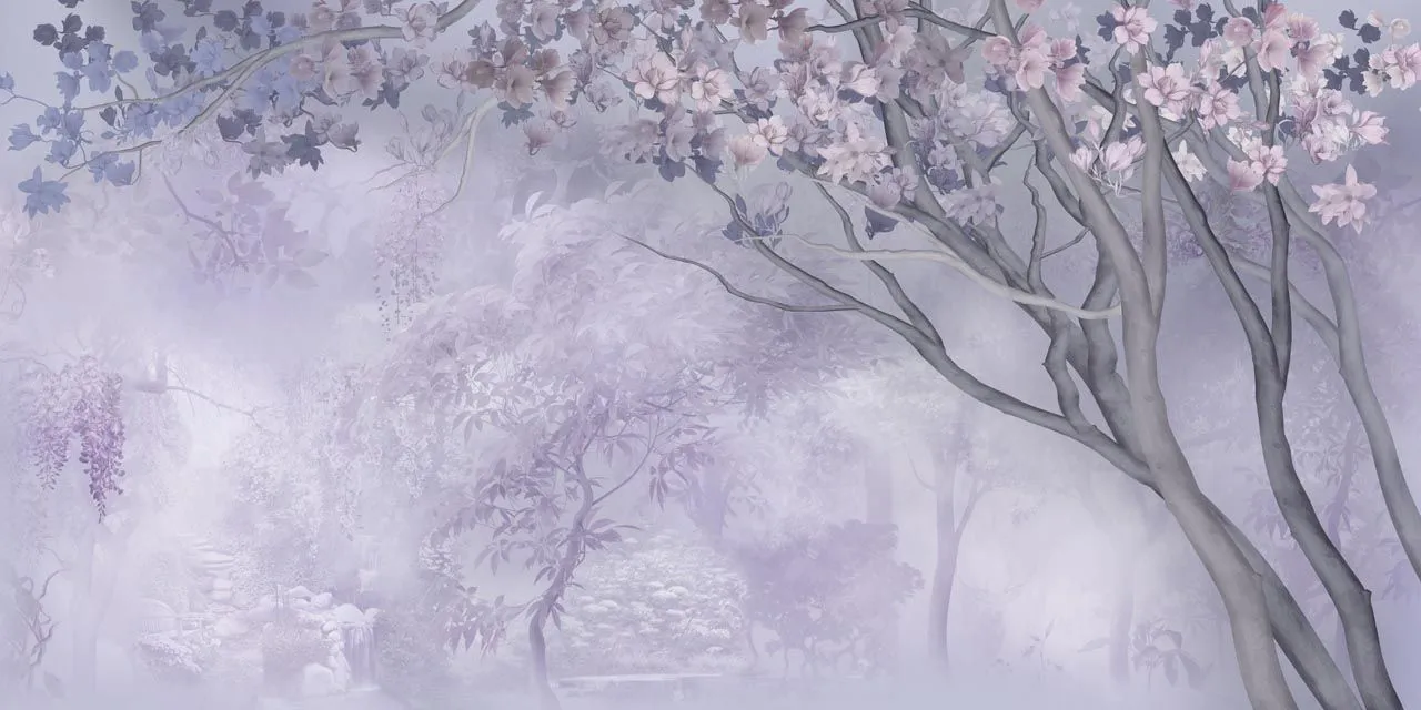 Фотообои в интерьере дерево в сиреневом тумане  13-447 фото