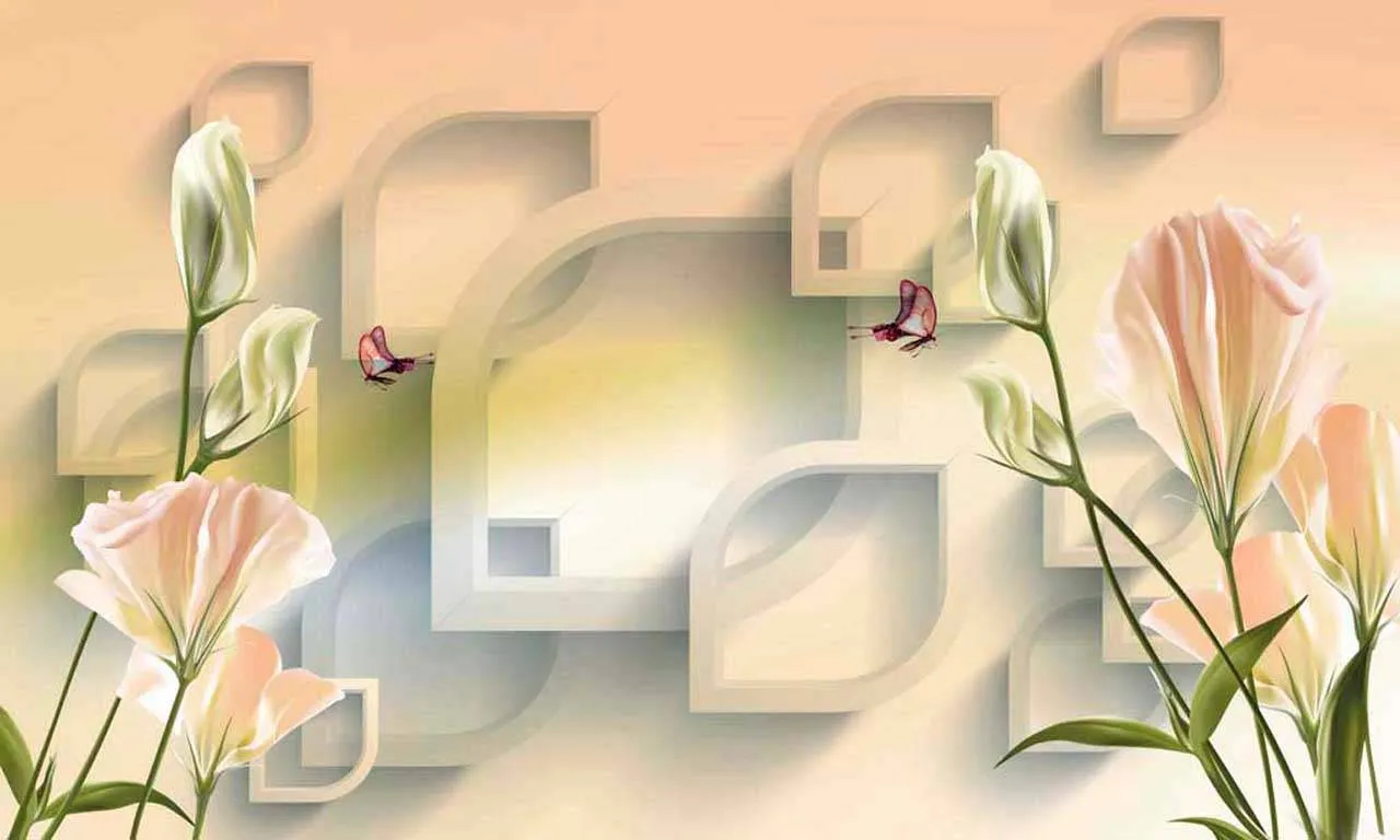 Фотообои в интерьере объемные цветы на 3д фоне  10-414 фото