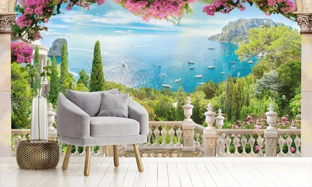 Фотообои в интерьере розовые цветы в арке на балконе  7-141 фото