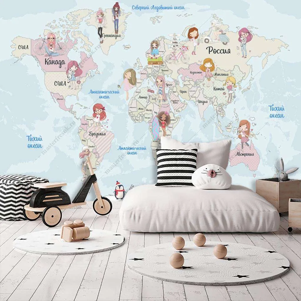 Фотообои в интерьере карта с девочками  12-994 фото