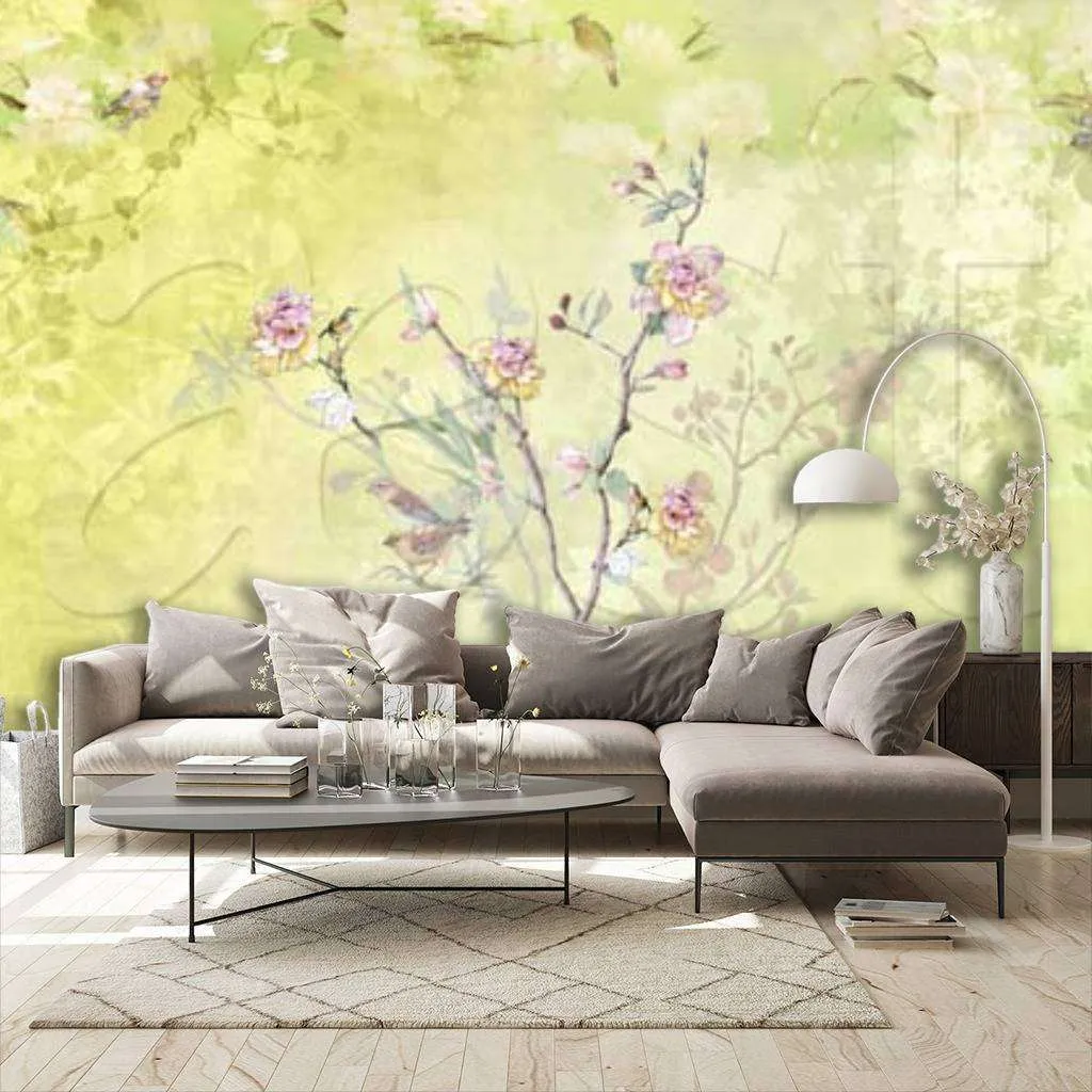 Фотообои в интерьере цветущие деревья на зеленом фоне  7-860 фото