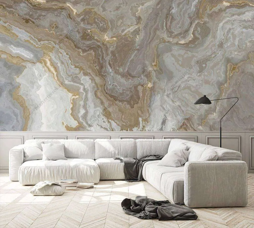 Фотообои в интерьере флюид арт серый мрамор золото  9-1012 фото