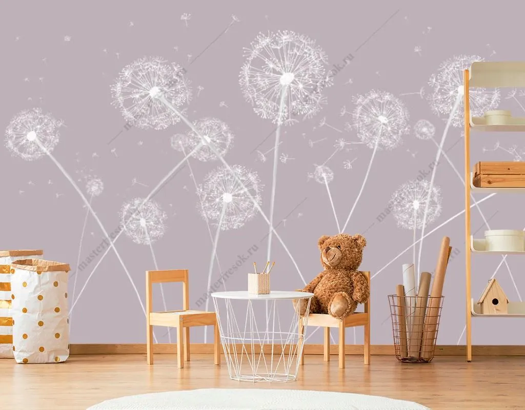 Фотообои в интерьере одуванчики на розовом фоне  14-527 фото