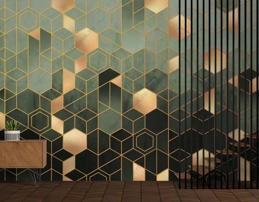 Фотообои в интерьере геометрия шестиугольники золотые  9-1511 фото
