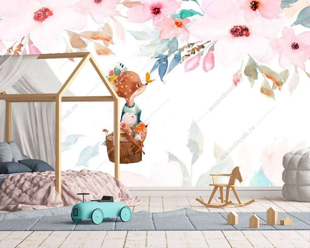 Фотообои в интерьере олененок и бабочка  14-016 фото