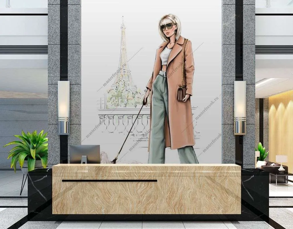 Фотообои в интерьере стильная девушка с собачкой  12-1377 фото