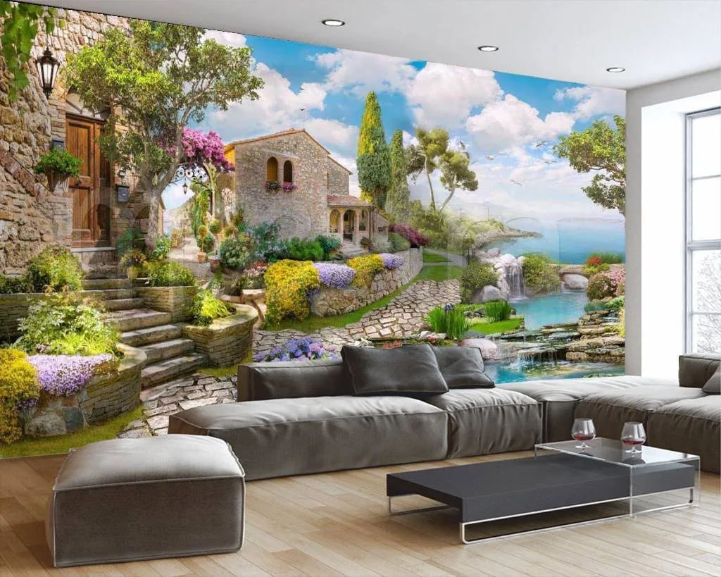 Фотообои в интерьере домик на цветущем берегу моря  7-301 фото