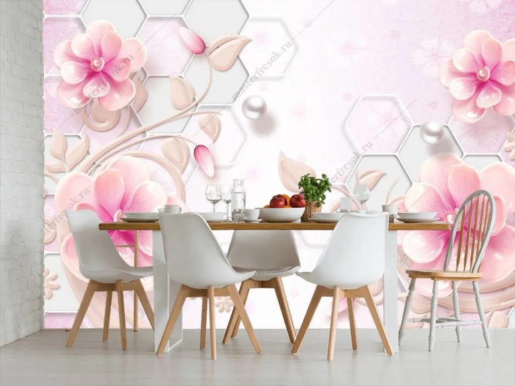 Фотообои в интерьере 3д розовые цветы  10-668 фото