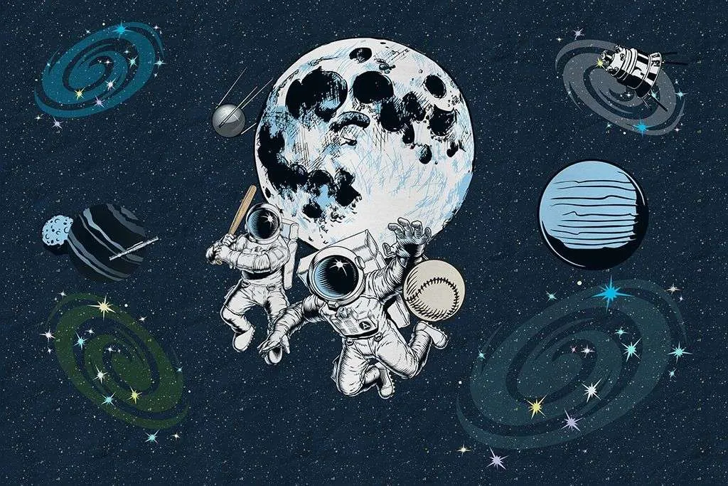 Фотообои в интерьере в детскую: космонавты-бейсболисты.   14-739 фото