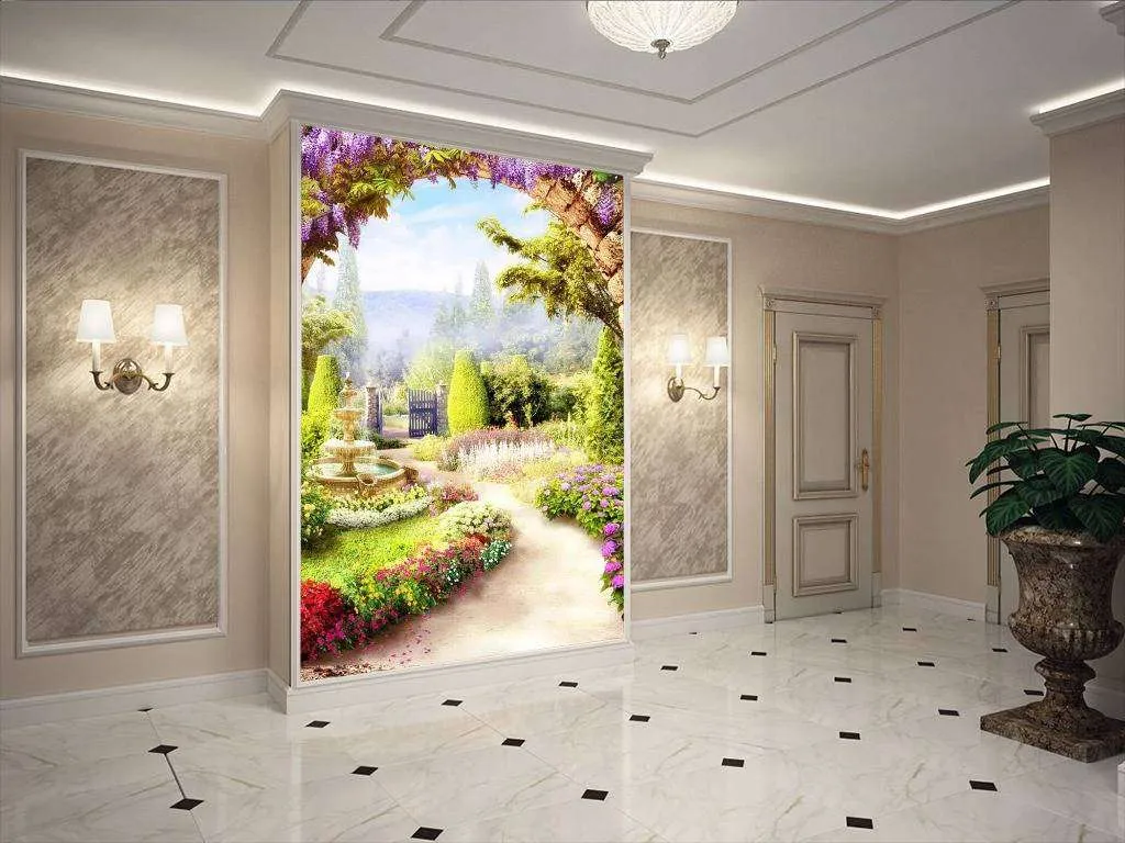 Фотообои в интерьере арка в сад с фонтаном  17-0124 фото