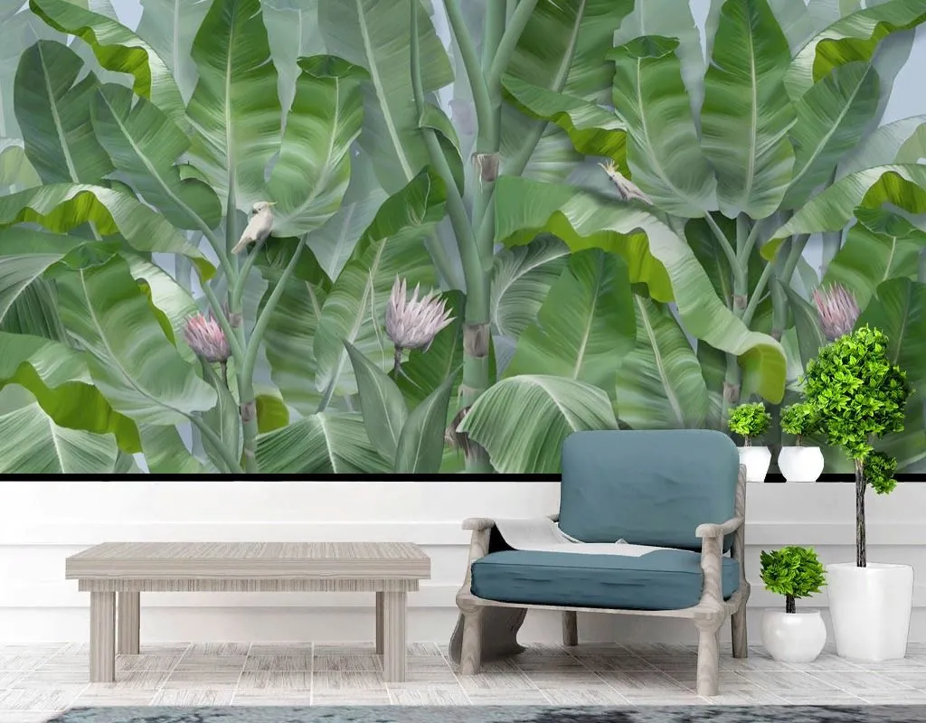 Фотообои в интерьере в спальню тропические листья яркие фон   13-667 фото