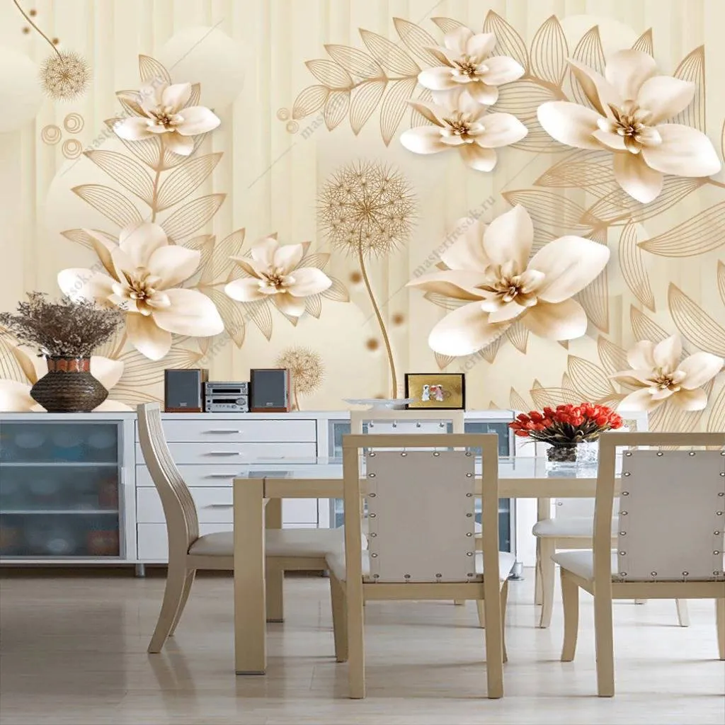 Фотообои в интерьере 3д бежевые цветы  10-863 фото
