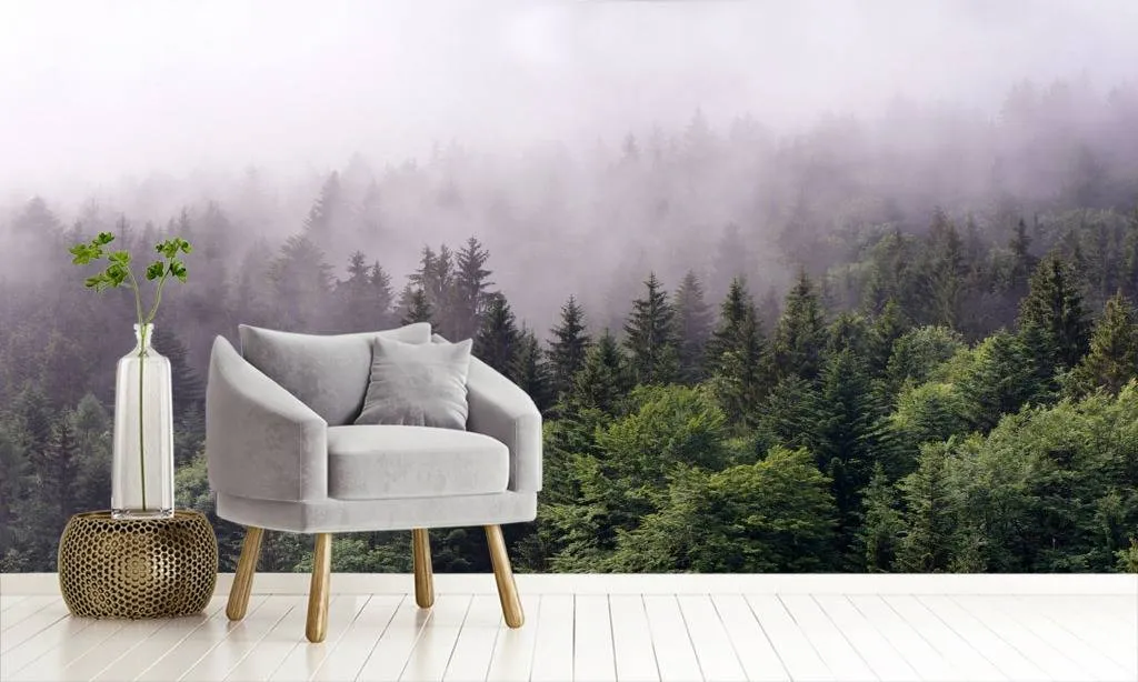 Фотообои в интерьере туман в зеленом лесу  9-985 фото