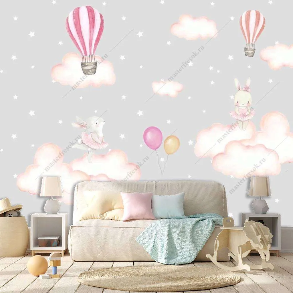 Фотообои в интерьере зайчики на воздушных облаках  12-1193 фото