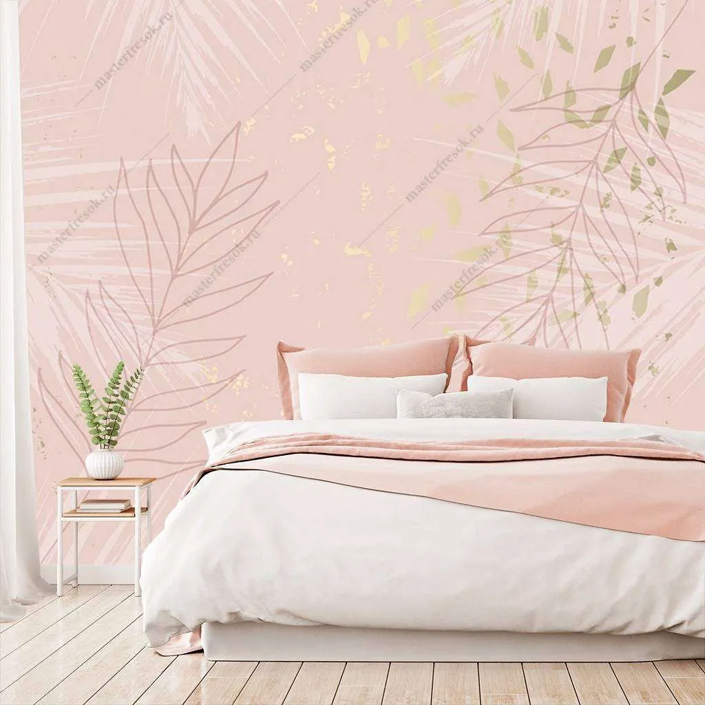 Фотообои в интерьере веточка папоротника на розовом фоне  9-1113 фото