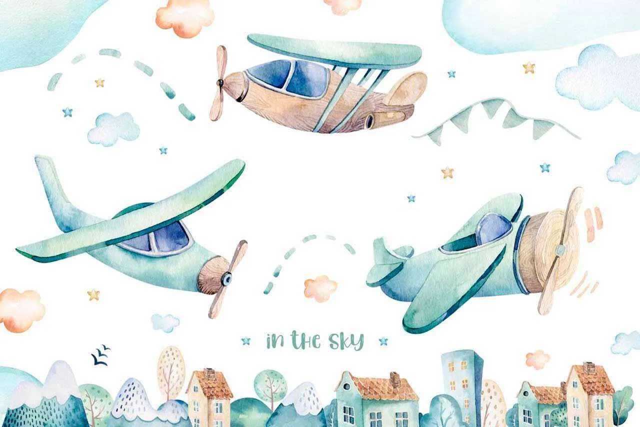 Фотообои в интерьере самолеты над городом акварелью  12-359 фото