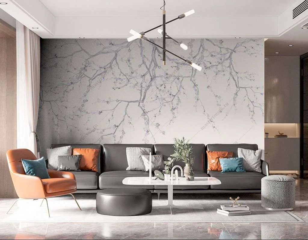 Фотообои в интерьере тонкие ветки сакуры  13-416 фото