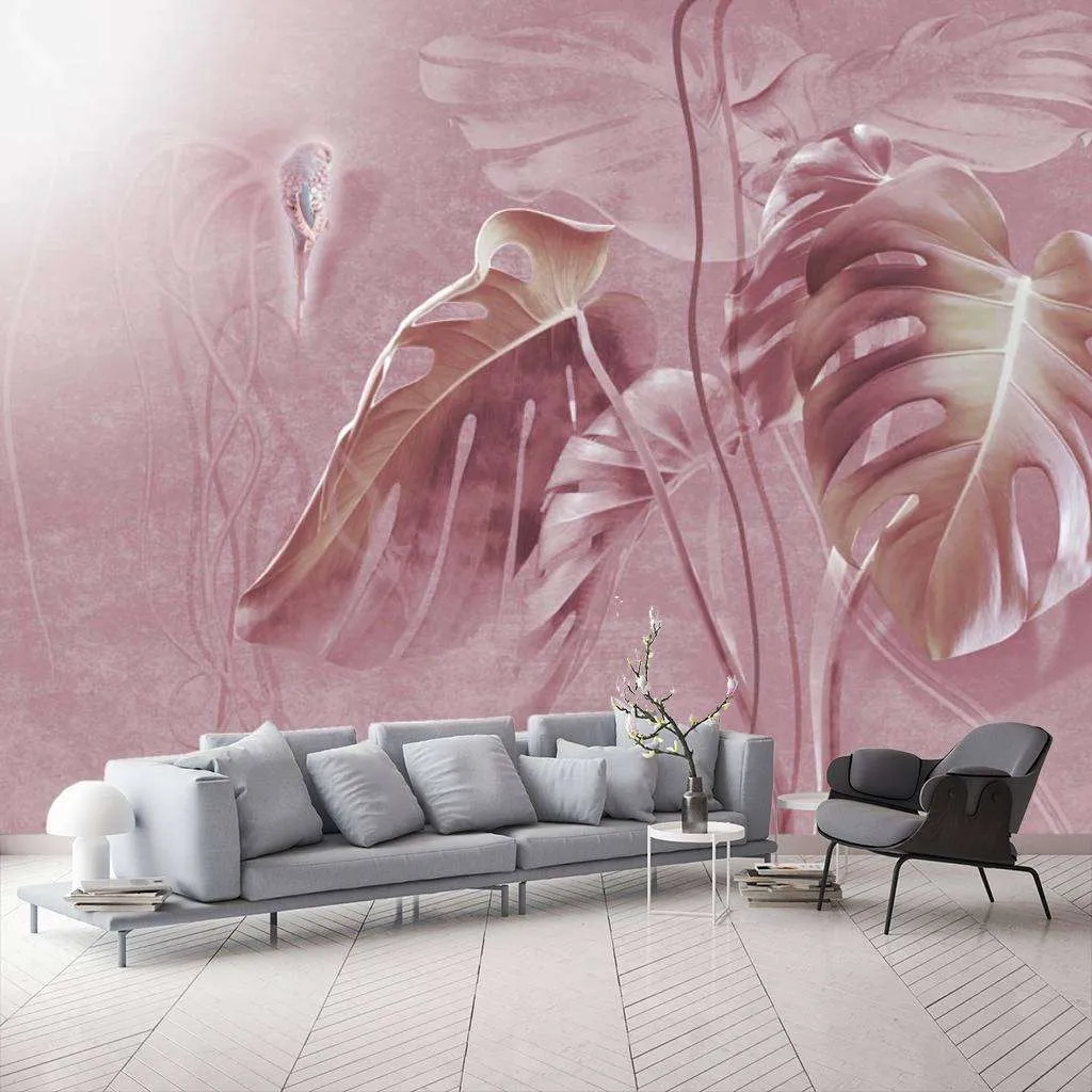 Фотообои в интерьере листья монстеры розовые  13-039 фото