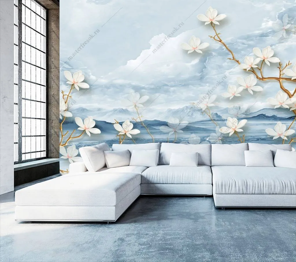 Фотообои в интерьере горы в тумане голубые  10-691 фото