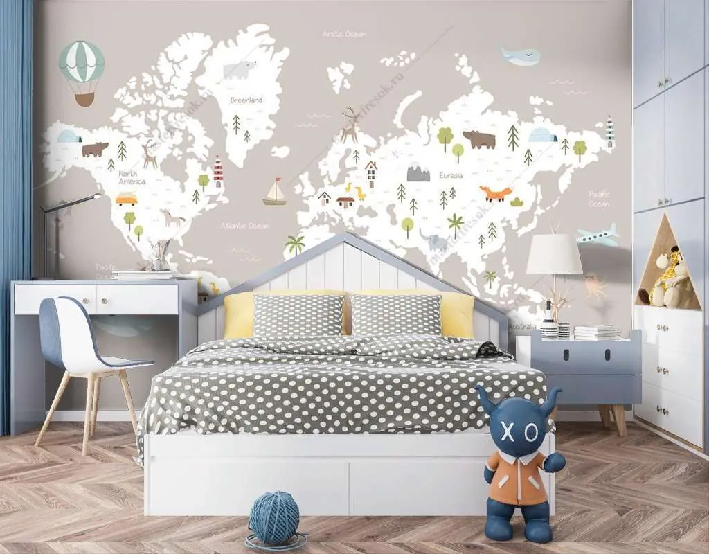 Фотообои Бесшовные обои на стену:  Карта мира в детскую. Артикул: 14-396  