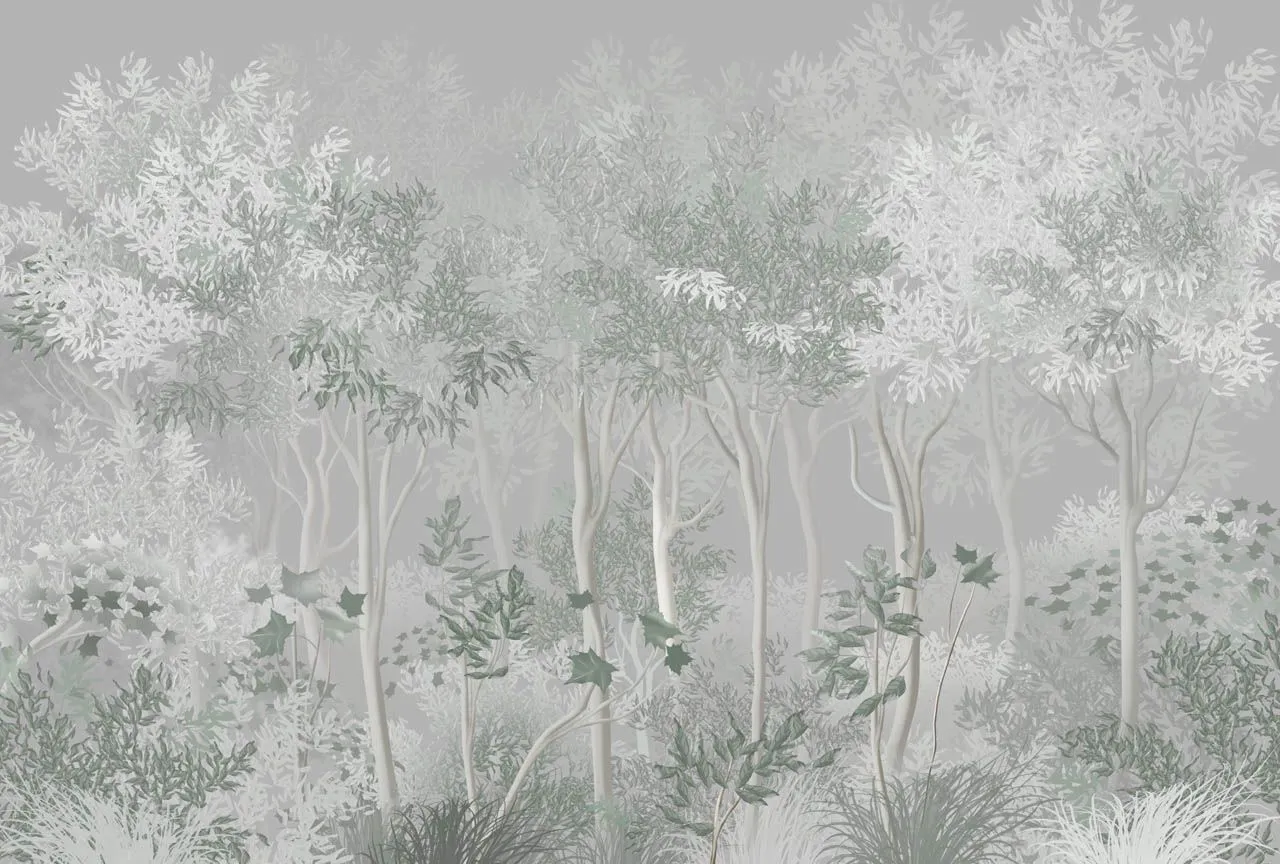 Фотообои в интерьере в гостиную лес серый   13-672 фото