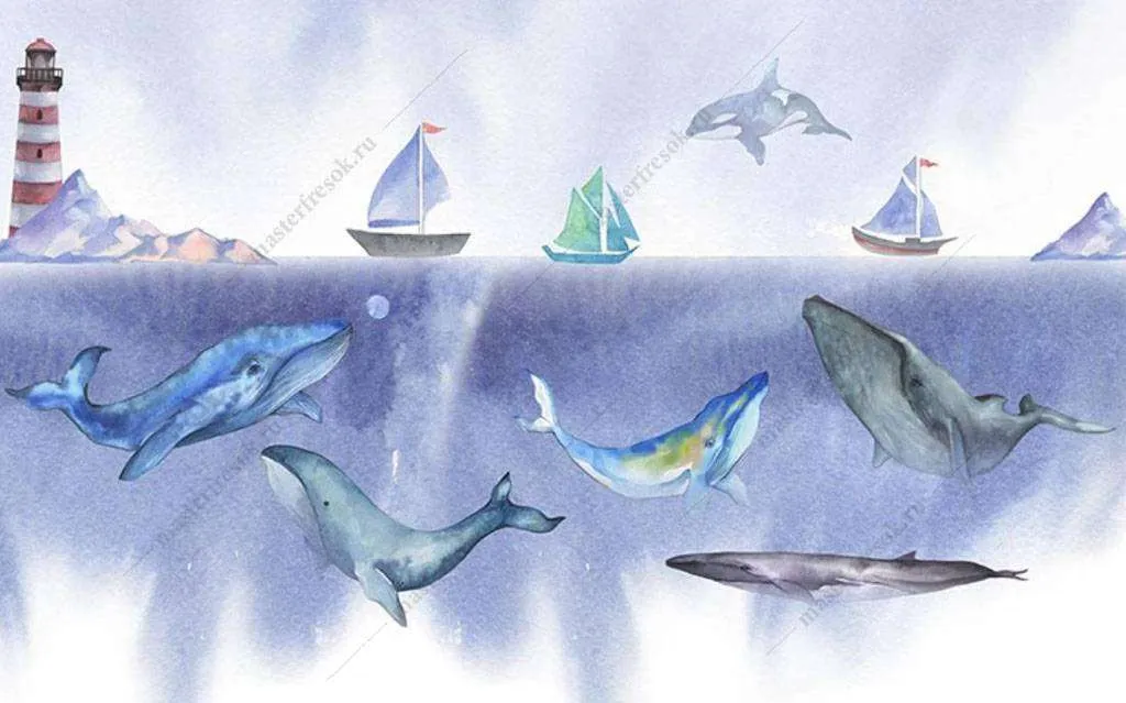 Фотообои в интерьере подводный мир китов  16-034 фото