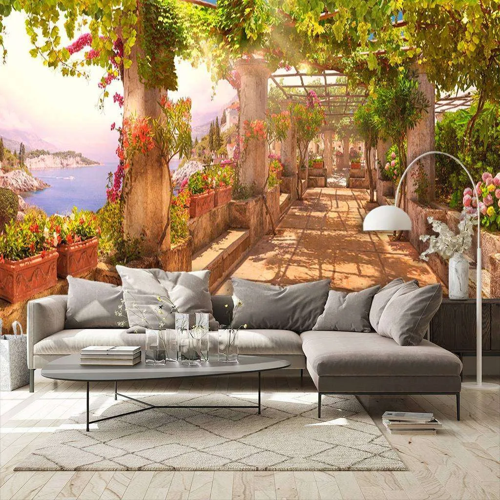 Фотообои в интерьере пейзаж с колоннами и цветами  7-217 фото