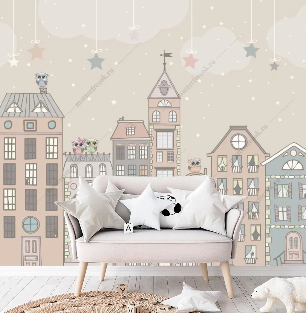 Фотообои в интерьере городок на бежевом фоне  14-533 фото