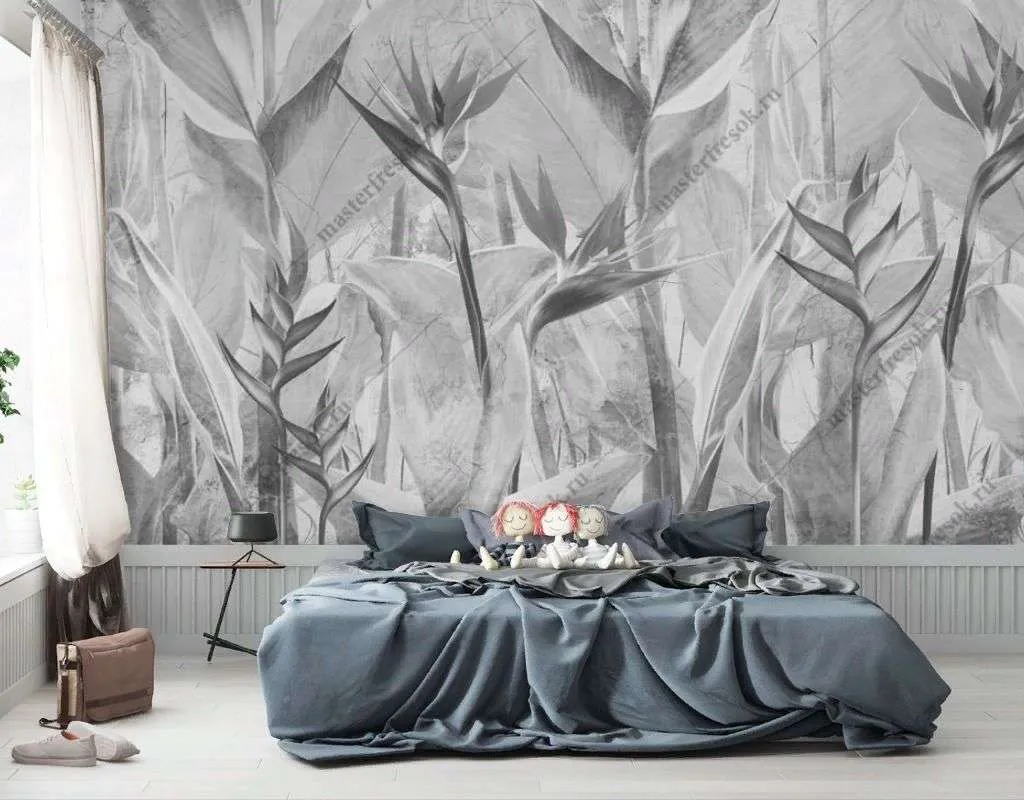 Фотообои в интерьере черно-белые тропические листья  10-959 фото