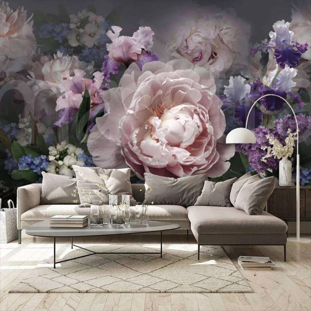 Фотообои в интерьере пионы розового цвета на темном фоне  7-862 фото